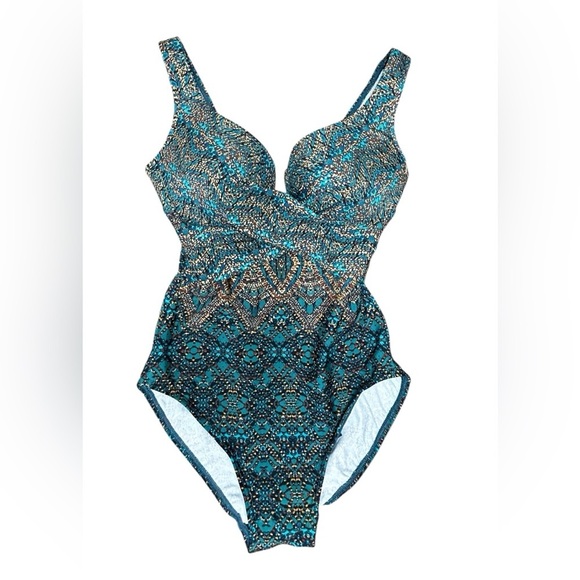 Miraclesuit Thebes Criss Cross Escape 1PC Swimsuit *Teal & Gold Print* Size 10 - Picture 2 of 8